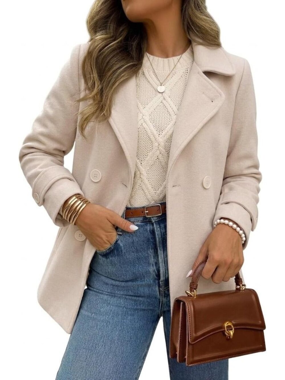 Women's Beige Winter Wool Long Sleeve With Strap Double Breasted Trench Coats